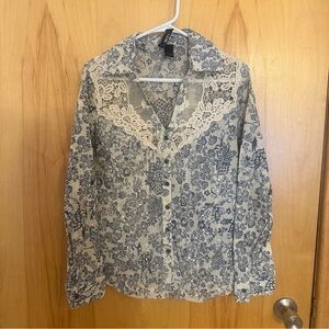 BKE Floral Lace Button-Up Western Blouse